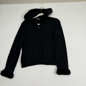 Karen Kane 100% Merino Wool Zip-Up Hoodie with Faux Fur Trim - Petites